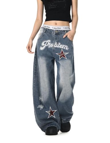 Women's Wide Leg Jeans Y2K Baggy Fit with Plaid Star Patch & Letter Embroidery, Vintage Washed Denim Pants