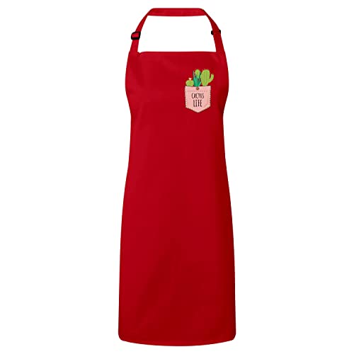 Tablier cuisine rouge avec poche et illustration dessin Cactus Life premium