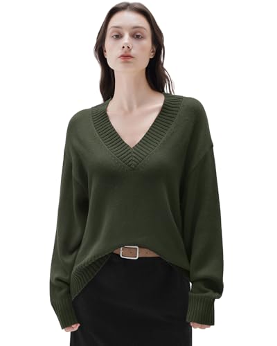 SUUKSESS Women Cashmere Oversized Sweaters V Neck Pullover Tops Fall Winter Long Sleeve Jumpers (Army Green M)