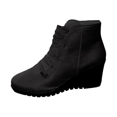 Botas de cuña para mujer, con cordones y cremallera lateral, estilo vintage, puntera redonda, botas cortas para caminar, color sólido, ligeras, informales, cómodas, de tacón grueso, botas de fiesta al