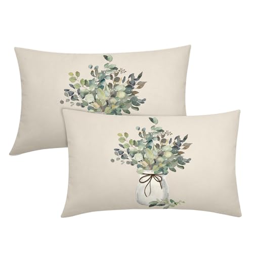 aportt Spring Summer Leaf Lumbar Pillow Covers 12X20 Inch Watercolor Eucalyptus Leaves Couch Pillow Cases Sage Green Farmhouse Throw Pillows Set of 2 Home Decor for Living Room Bedroom Bed