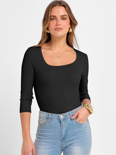 ANRABESS Womens 3/4 Sleeve Scoop Neck Tops Ribbed Knit Slim Fitted Casual Basic Tee Shirts 2025 Fall Trendy Going Out T-Shirt2