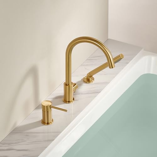 RIGOBAL Deck Mount Bathtub Faucet with Sprayer Brushed Gold Tub Filler Faucets Bathroom Brass with Hand Shower Sprayer High Flow Roman High Flow by RIGOBAL - Image 9