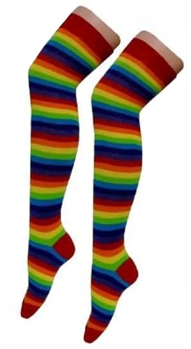 ANZEE DISCOVER THE NEW YOU Ladies Girls Over The Knee Stripe Socks Assorted Colours Women Stretchy Thigh High OTK Sock (ONE SIZE, Red/Rainbow)