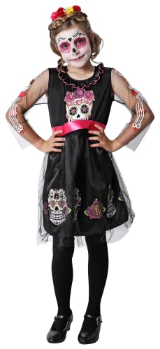 Gojoy shop-Disfraz de Catrina para Niños Halloween Canaval(Contiene:Vestido Bordada con Calavera Colorea Manga Larga Trasparente con Esqueleto y Mochila de Cuerdas.) (7-9 años)
