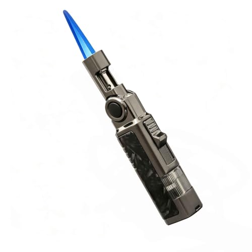 Encendedor de Llama Tipo soplete Recargable con Cabezal Ajustable, Encendedor de butano de Metal | con Tanque de Combustible Visible, Llama Azul Resistente al Viento for Exteriores(Black)