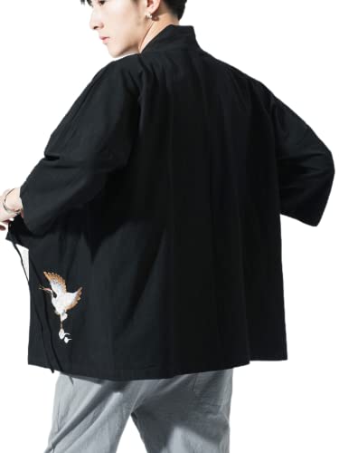 Image of Men's Japanese Kimono Cardigan Loose Cotton Linen 3 /4 Sleeve Open Front Casual Summer Shirt Jackets