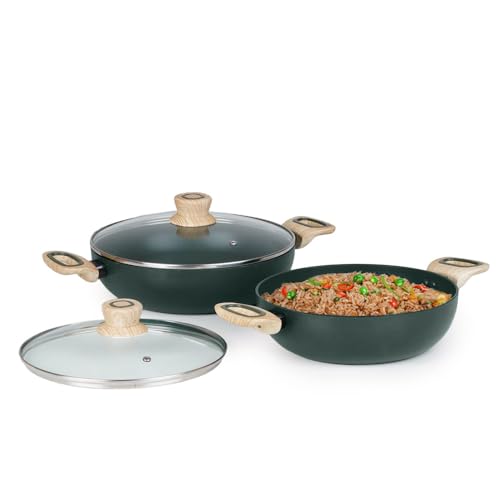 Image of Kreme Venetia Premium Series 4-Piece Granite Kadai Cookware Set with Lid | Non-Stick Aluminium Deep Kadhai | Granite Coating | Induction & Gas Stove Compatible | Healthy Low-Oil Cooking, Green