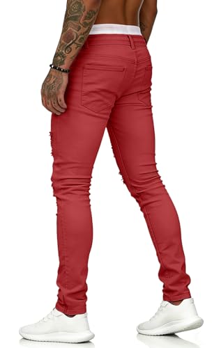 Image of HUNGSON Men's Blue Slim Fit Jeans Stretch Destroyed Ripped Skinny Jeans Side Striped Denim Pants