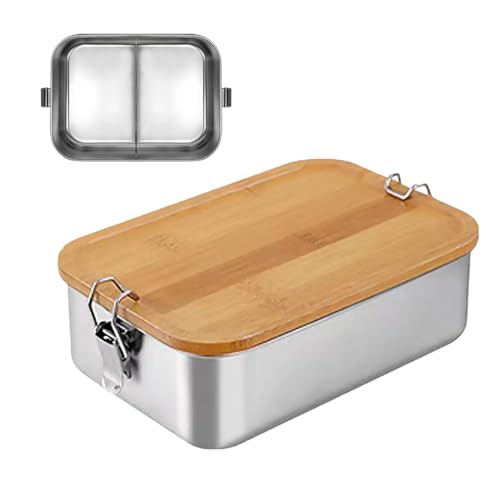 Jauhmui Bento - Contenitore per il pranzo per adulti/bambini, in acciaio inox, con 2 scomparti/3 scomparti, in metallo con coperchio in legno, senza BPA, per la colazione (1500 ml, 2 scomparti)