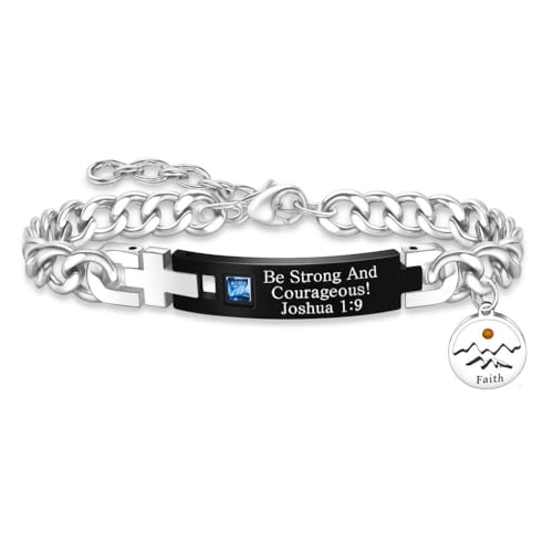 Uloveido Mustard Seed Charm Inspirational Scripture Bracelet - Stainless Steel Cuban Link Bracelets - “Be Strong and Courageous!” Joshua 1:9 - Motivational Christian Jewelry for Men Women - Y4354