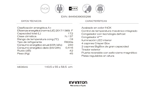 INFINITON CV-14N38 - Congelador vertical, Inox, 172 litros, Cíclico, Tecnología Defrost, 6 Cajones - imagen 4