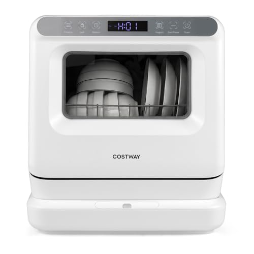 COSTWAY Lavavajillas Pequeño 45cm, 6 Programas, Mini Lavavajillas Compacto sobremesa de 3 Cubiertos, Depósito de Agua 8,25 L, Secado por Aire y Brazos Rociadores Dobles de 360°
