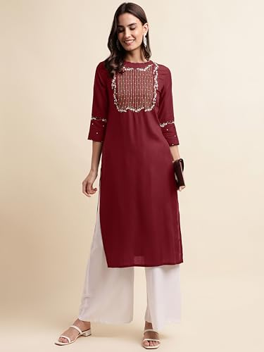 Image of MIRCHI FASHION Women's Straight Fit Rayon Sequins Embroidered and Polka Dots Printed Kurti Only