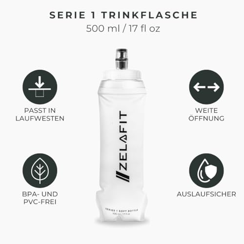 ZelaFit® 2x Faltbare Trinkflasche 500 ml, Soft Flask Trinkbeutel für Laufen & Trailrunning, Leichte Laufflasche mit Beißventil, BPA-frei und Auslaufsicher, Faltflasche