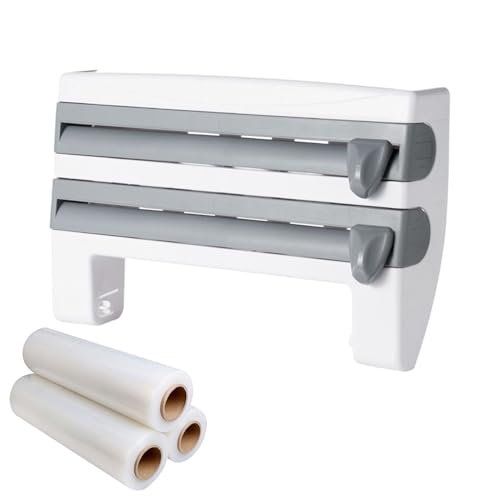 Cortador de film transparente, dispensador de papel de cocina, organizador de rollos de papel reutilizable para cocina, almacenamiento de alimentos, embalaje de sobras y aperitivos, así como