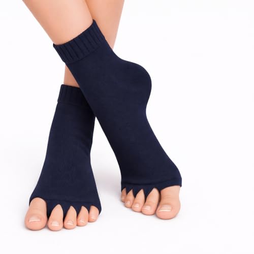 Image of Foot Alignment Orthopedic Cotton Socks for Men & Women | Five Toe Separator | Foot Pain Relief | Bunion Corrector | Plantar Fasciitis Support |Free Size | DarkGry-NavyBlue | 2 Pair | UK8-11