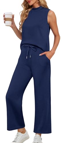 Lepunuo Two Piece Sets for Women Summer Mock Neck Sleeveless Top Wide Leg Pants Lounge Sets Vacation Travel Outfits