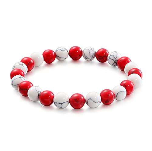 8MM Red White Mable Gem Stone Beads Bangle Bracelet, Mens Womens, Stretchable, Unique