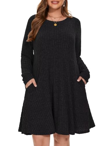 BELAROI Sweater Dress Plus Size Black Dresses for Curvy Women Long Sleeve Crew Neck Casual Tunic Fall Winter Oufits Pockets (3X, Black)