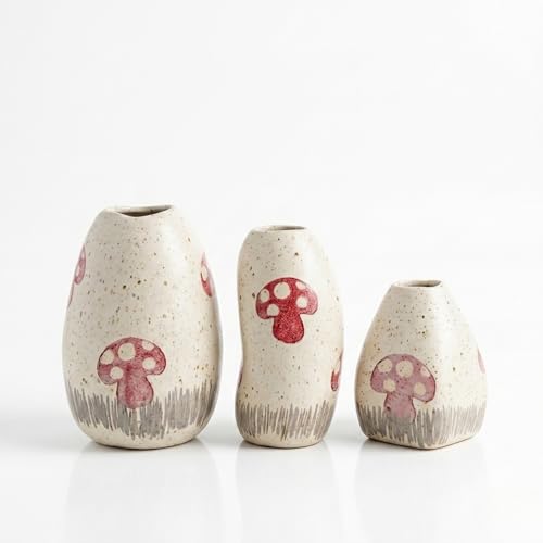 Image of KREATIVE ART'S Handcrafted Ceramic Vase Set of 3 - Pebble Vases for Home Decor, Living Room, Kitchen & Gifting - Speckled Off-White & Red Stoneware - 7 inch, 6 inch, 4 inch Height.