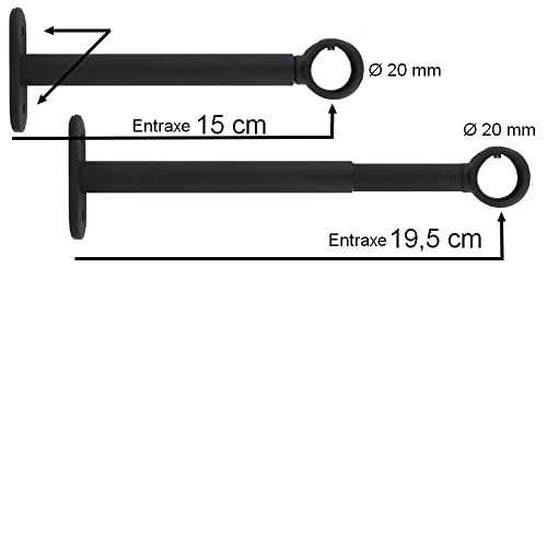 2 ausziehbare und verstellbare Wandhalterungen für Gardinenstange, ø 20 mm, Länge 15-19,5 cm, schwarze Farbe, (1 Satz mit 2 Stangenhalterungen)