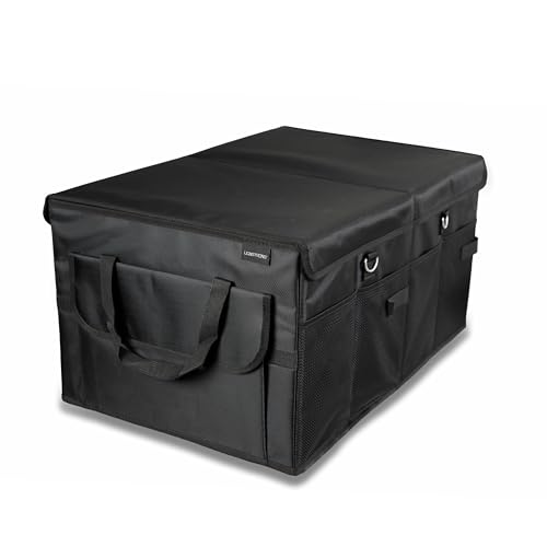 LIONSTRONG® Caja organizadora para maletero – Plegable y antideslizante con asas y compartimentos para coches pequeños, berlinas y SUV – Para compras, herramientas y viajes, compacta y resistente