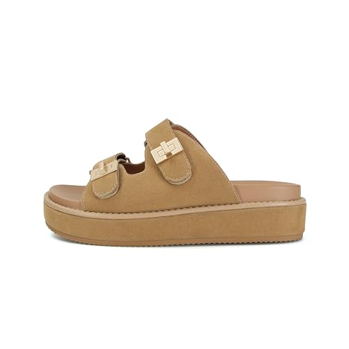 Image of SOVANYOU Suede Platform Sandals Slip on Platform Slides Open Toe Summer Beach Sandal Double Buckle Casual Vacation Shoes