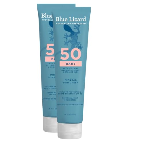 Blue Lizard BABY Mineral Sunscreen with Zinc Oxide,SPF 50+,Water Resistant,UVA/UVB Protection with Smart Cap Technology - Fragrance Free,5 oz. Tube,(Pack of 2)