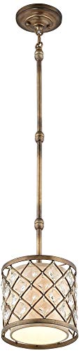 Regency Hill Jeweled Golden Bronze Mini Pendant Light Fixture 9" Wide Crystal Accents Off White Fabric Drum Shade For Dining Room House Entryway Bedroom Kitchen Island Hallway High Ceilings #TOP4