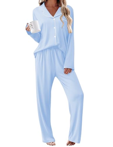 Ekouaer Womens Pajama Sets 2 Piece Long Sleeve Sleepwear Soft Button Down Pjs Lounge Set S-XXL