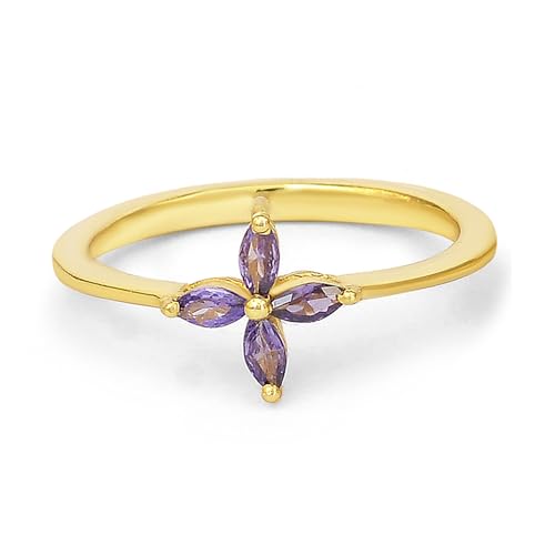 4-Stone Purple, Green & Red CZ Fashion Rings | Marquise Cut | Flash Yellow Plated Brass | Size 7 | Lightweight Daily Wear Jewelry