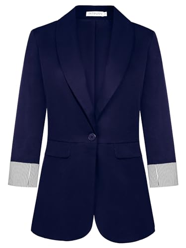 Blazer for Women 2023 Business Casual Striped Fold Sleeve Womens Blazers for Work Professional Long Sleeve Blazer Dress for Women Work Office Blazers Navy Blue XL