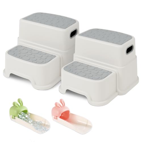 2 Step Stool for Kids, Anti-Slip Toddler Step Stool Toilet Potty Training Stool with Handles, Non-Slip Two Step Stool Hepler for Bathroom, Kitchen, Bedroom, Living Room (2pack Grey)