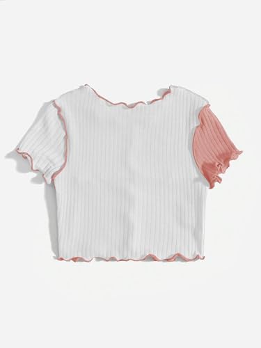 Image of Milumia Girl's Rib Knit Color Block Crop Tee Short Sleeve Lettuce Trim Crewneck Tshirt