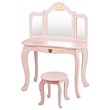 DREAMADE Kinder Schminktisch mit Hocker & Schublade, Kosmetiktisch mit Klappbarem und Abnehmbarem Dreifachspiegel, Stabiler Frisiertisch mit Kippsicherung, Make-Up Tisch für Mädchen, aus Holz (Rosa)