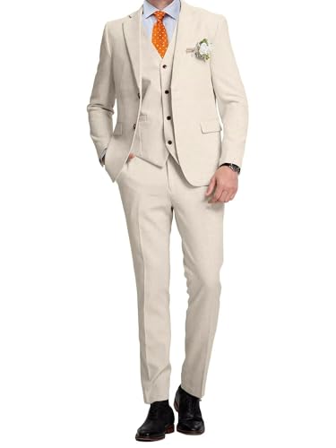 Linen Mens Suits 3 Piece Slim Fit Tuxedo Suit for Men Beach Wedding Formal Business Suit Groom Prom Set Outfits JLWS-142