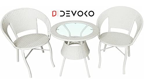 Image of DEVOKO 3 Pieces Patio Furniture Set, Wicker Outdoor Chairs and Coffee Table for Balcony, HDPE Rattan Bistro Table Set for Lawn, Garden, Backyard (White)