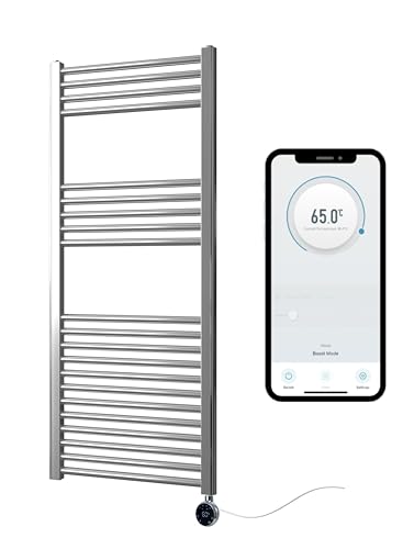 Image of Greened House Chrome Electric Smart WiFi Controlled Heated Towel Rail 500mm W x 1200mm H Flat 7 Day Programmable Timer App Compatibility