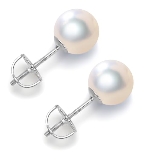 White Pearl Stud Earrings With Screw Back,925 Sterling Silver Freshwater Pearl Earrings for Women,Real 8-8.5mm Round Cultured Pearls Stud,Elegant Jewelry Gifts for Mother/Brides