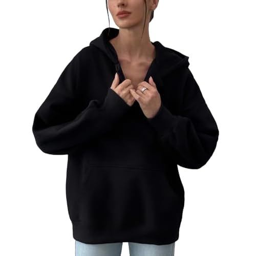 PAODIKUAI Women's Oversized Hoodies V Neck Pullover Fleece Sweatshirt Long Sleeve with Pocket Casual Winter Fall Outfits Black Small