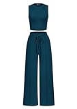 PRETTYGARDEN Women's Summer 2 Piece Loungewear Set Cropped Tank Top Wide Leg Sweatpants Tracksuit Casual Outfits (Lake Blue,Large)