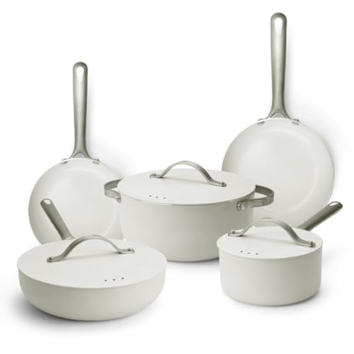 Alva Mobi 8-Piece Ceramic Nonstick Cookware Set – No PTFE, PFOA, PFAS, Toxin-Free Pots & Pans with Stay-Cool Handles – Works on All Stovetops, Oven Safe (400°F), Healthy & Easy to Clean, Canoli Cream