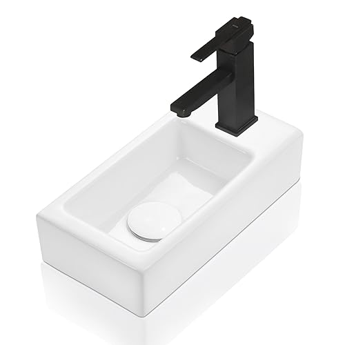 Wall-Mounted Small Vessel Sink - Vanity Sink White Ceramic Porcelain 14.6" x 7.3" x 3.55" - Bathroom Sink Rectangle with Single Faucet Hole Right Hand - Cloakroom Mini Art Basin