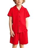 Arshiner Toddler Boy Simple Waffle Grid Solid Short Sleeve Button Down Shirts & Shorts Set for Summer Red 6-7 Years