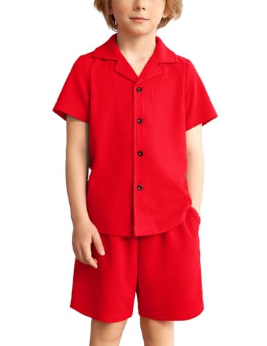 Arshiner Toddler Boy Simple Waffle Grid Solid Short Sleeve Button Down Shirts & Shorts Set for Summer Red 6-7 Years