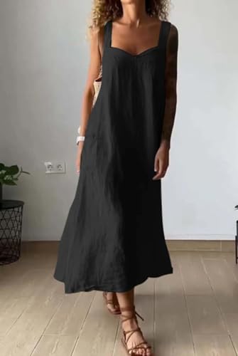 Image of chouyatou Women's Summer Spaghetti Strap Sleeveless Linen Overall Dress Casual A-Line Midi Long Beach Dress
