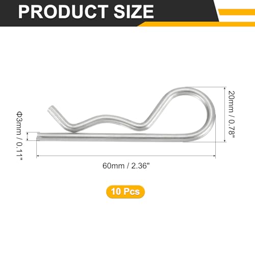 QUARKZMAN 10 Stück Anhängerkupplungsstift Clip, 3mm x 60mm R Clips 304 Edelstahl Retainer Draht Haarnadeln Splinte Sortiment Kit Clips für Anhänger Traktoren Mäher Wagen LKW Pin Clip, Silber