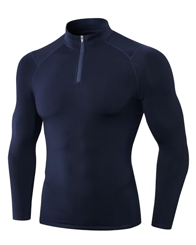 Yuerlian Navy Men’s 1/4 Zip Thermal Tops Quick Dry Base Layer Long Sleeve Shirts Fleece Lined Winter Gear Mock Turtleneck Compression Tops Sports Gym Running T Shirts