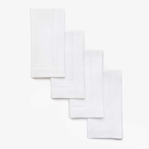 Solino Home 100% Pure Linen Hemstitch Dinner Napkins - 20 x 20 Inch, White Set of 4, European Flax, Natural Fabric Machine Washable Classic Hemstitch - Handcrafted with Mitered Corners